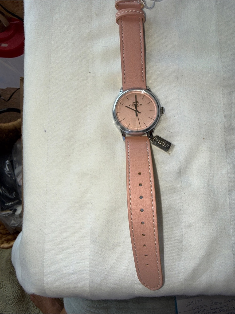 NIB - Coach Pink Leather Strap Watch with Silver Case and Silver Charm.